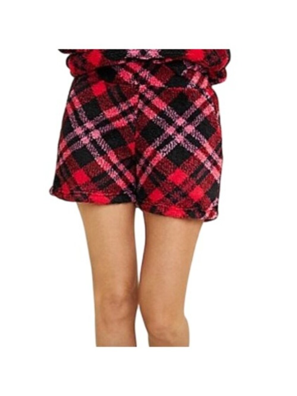Maurices Teddy Sherpa Shorts Womens Large Red Black Plaid New WOT